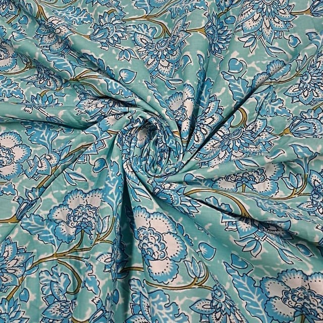 Sea Blue Colour Cotton Cambric Printed Fabric