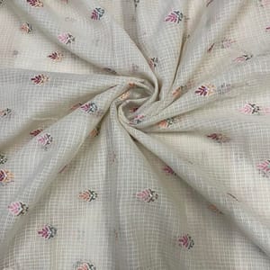 Cream Leaves Cotton Kota checks Embroidered Fabric