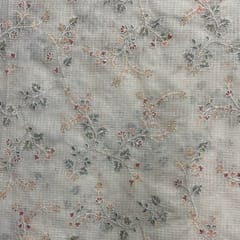 Cream Floral Cotton Kota checks Embroidered Fabric