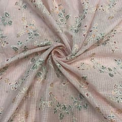 Peach Floral Cotton Kota checks Embroidered Fabric
