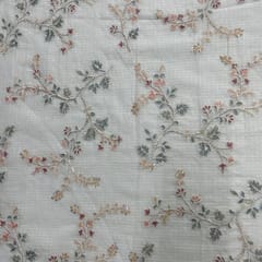 Cream Floral Cotton Kota checks Embroidered Fabric