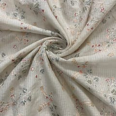 Cream Floral Cotton Kota checks Embroidered Fabric