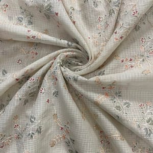 Cream Floral Cotton Kota checks Embroidered Fabric