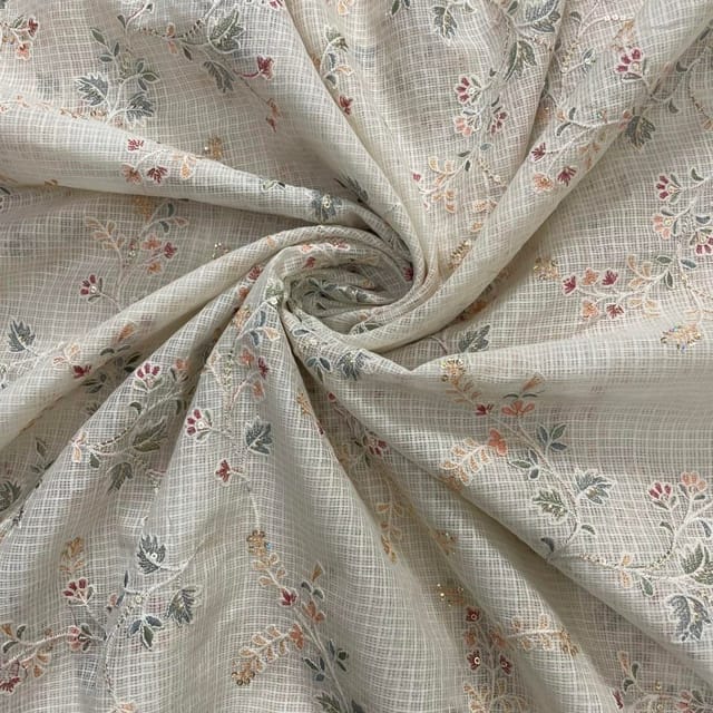 Cream Floral Cotton Kota checks Embroidered Fabric