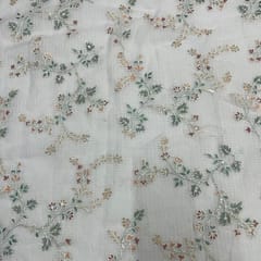 Peach Floral Cotton Kota checks Embroidered Fabric