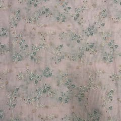 Peach Floral Cotton Kota checks Embroidered Fabric