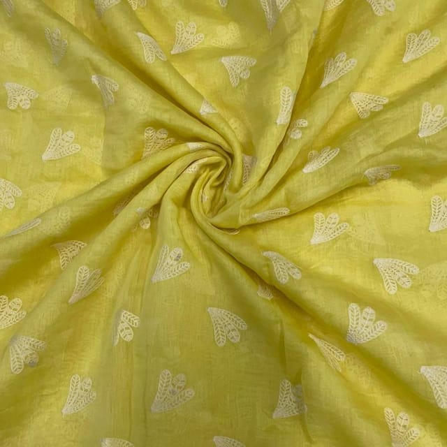 Lemon Yellow Abstract Chanderi Mul Embroidered Fabric