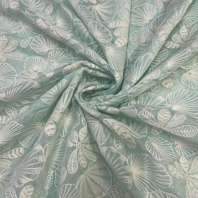 Sky Blue Floral Chanderi Mul Embroidered Fabric