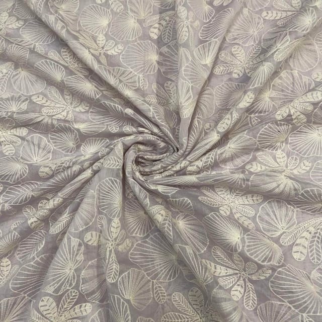 Light Levender Floral Chanderi Mul Embroidered Fabric