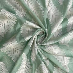Sea Green White Leaves Chanderi Mul Embroidered Fabric