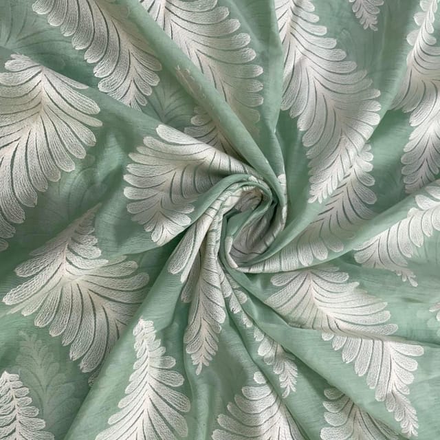 Sea Green White Leaves Chanderi Mul Embroidered Fabric