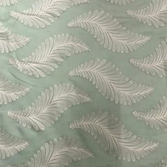 Sea Green White Leaves Chanderi Mul Embroidered Fabric
