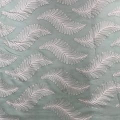 Sea Green White Leaves Chanderi Mul Embroidered Fabric