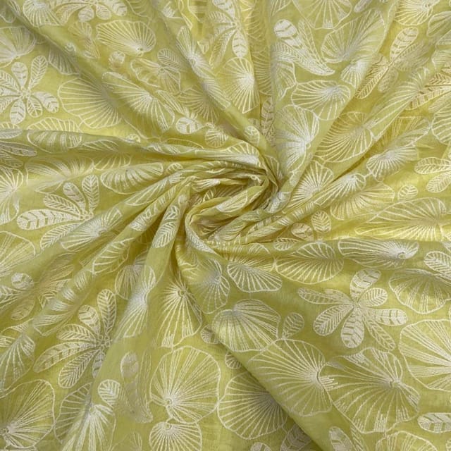 Lemon Yellow Floral Chanderi Mul Embroidered Fabric