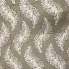Olive Grey White Leaves Chanderi Mul Embroidered Fabric