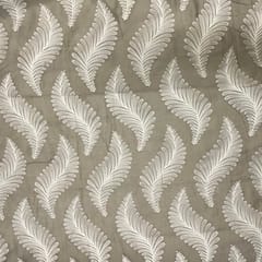 Olive Grey White Leaves Chanderi Mul Embroidered Fabric