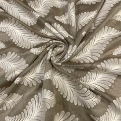 Olive Grey White Leaves Chanderi Mul Embroidered Fabric