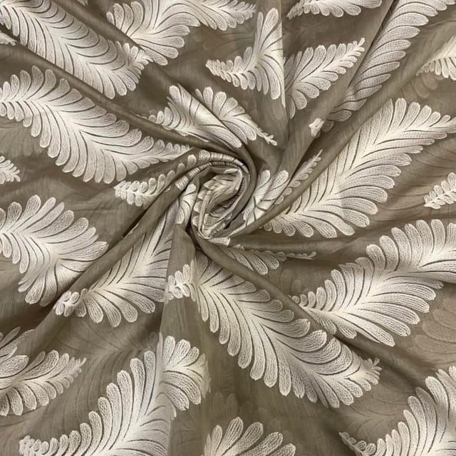 Olive Grey White Leaves Chanderi Mul Embroidered Fabric