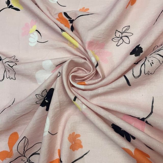 Baby Pink Floral Cotton Linen Printed Fabric