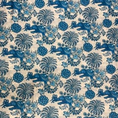Off White Blue Elephant Pure Chanderi Printed Fabric