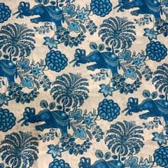 Off White Blue Elephant Pure Chanderi Printed Fabric
