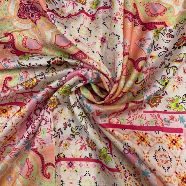 White MultiColour Geometric Pure Chanderi Printed Fabric