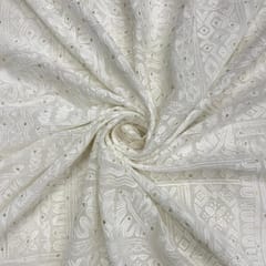 White Dyeable Abstract Georgette Embroidered Fabric