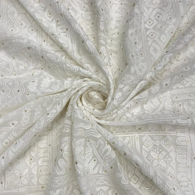 White Dyeable Abstract Georgette Embroidered Fabric