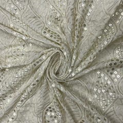 White Colour Geometric Georgette Embroidered Fabric
