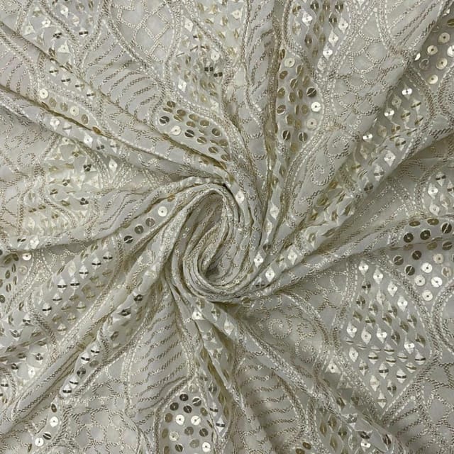 White Colour Geometric Georgette Embroidered Fabric
