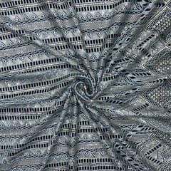 Blue & Grey Colour Geometric Embroidered Net Fabric