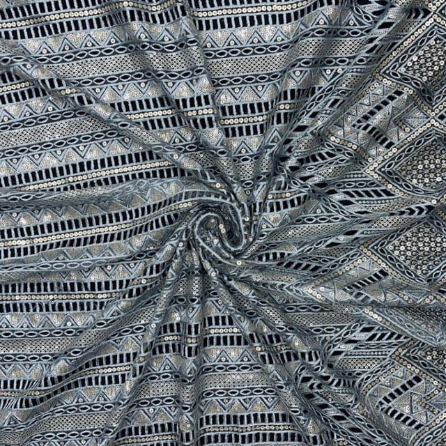 Blue & Grey Colour Geometric Embroidered Net Fabric