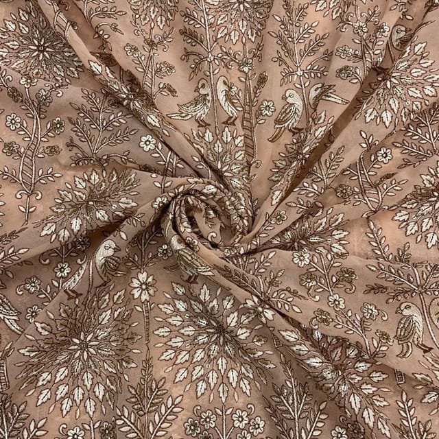 Peach Colour Traditional Georgette Embroidered Fabric
