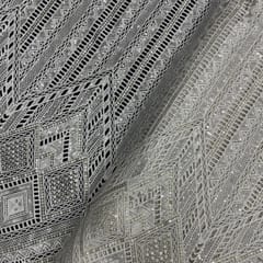 Off White Colour Geometric Embroidered Net Fabric