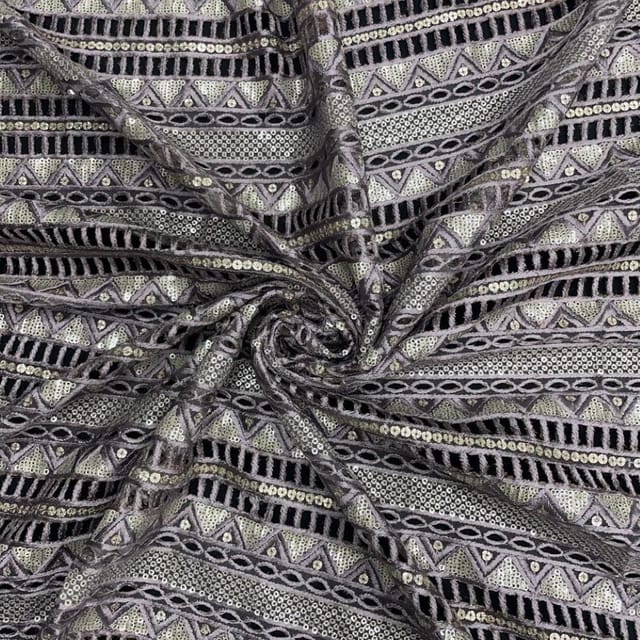 Lilac Colour Stripes Embroidered Net Fabric