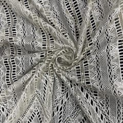 Off White Colour Geometric Embroidered Net Fabric