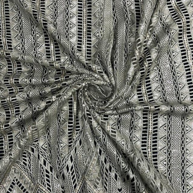 Pista Green Colour Geometric Embroidered Net Fabric