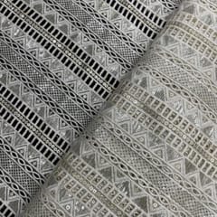 Off White Colour Stripes Embroidered Net Fabric