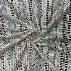 Off White Colour Stripes Embroidered Net Fabric