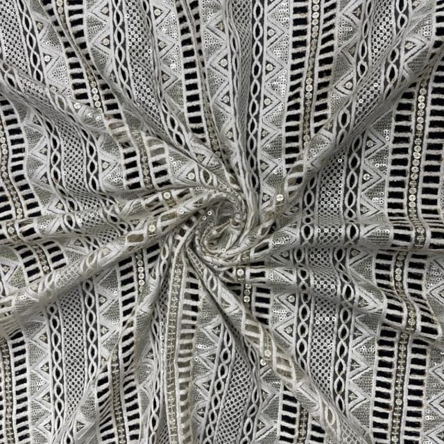 Off White Colour Stripes Embroidered Net Fabric