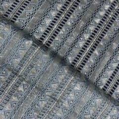 Blue Grey Colour Stripes Embroidered Net Fabric