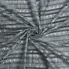 Blue Grey Colour Stripes Embroidered Net Fabric
