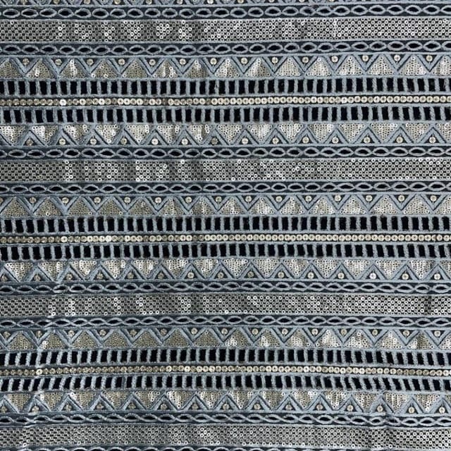 Blue Grey Colour Stripes Embroidered Net Fabric