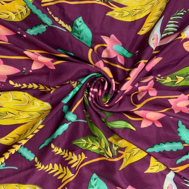 Mauve Purple Colour Floral Pure Dupion Silk Print Fabric
