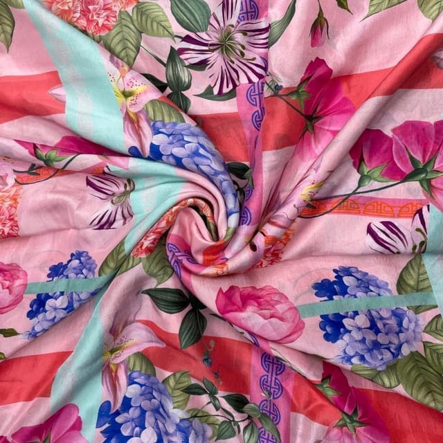 Baby Pink MultiColour Floral Pure Dupion Silk Print Fabric