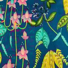 Teal Blue Colour Floral Pure Dupion Silk Print Fabric