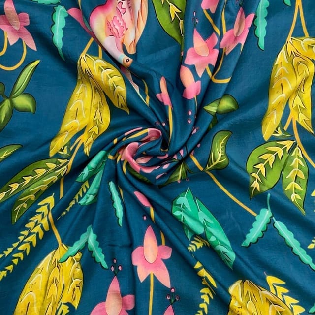 Teal Blue Colour Floral Pure Dupion Silk Print Fabric
