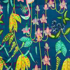Teal Blue Colour Floral Pure Dupion Silk Print Fabric