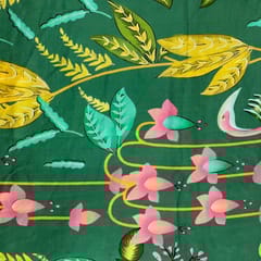 Green Colour Floral Pure Dupion Silk Print Fabric