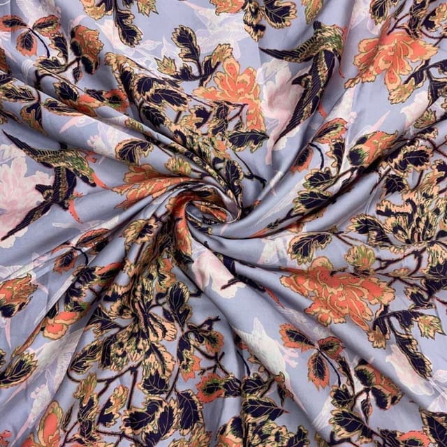 Lilac Colour  Floral Modal Satin Print Fabric
